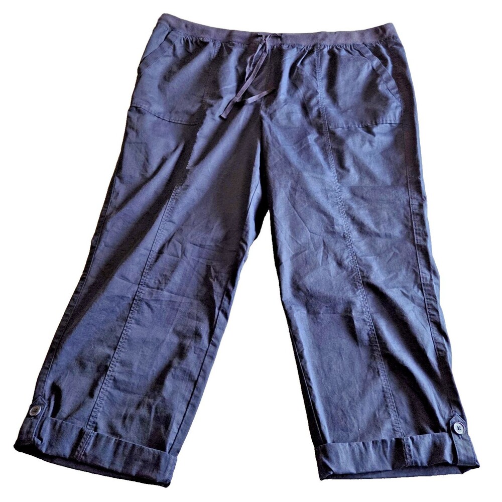 Talbots Womens 22W Navy Pull On Drawstring Cuffed Pants Cotton Pockets